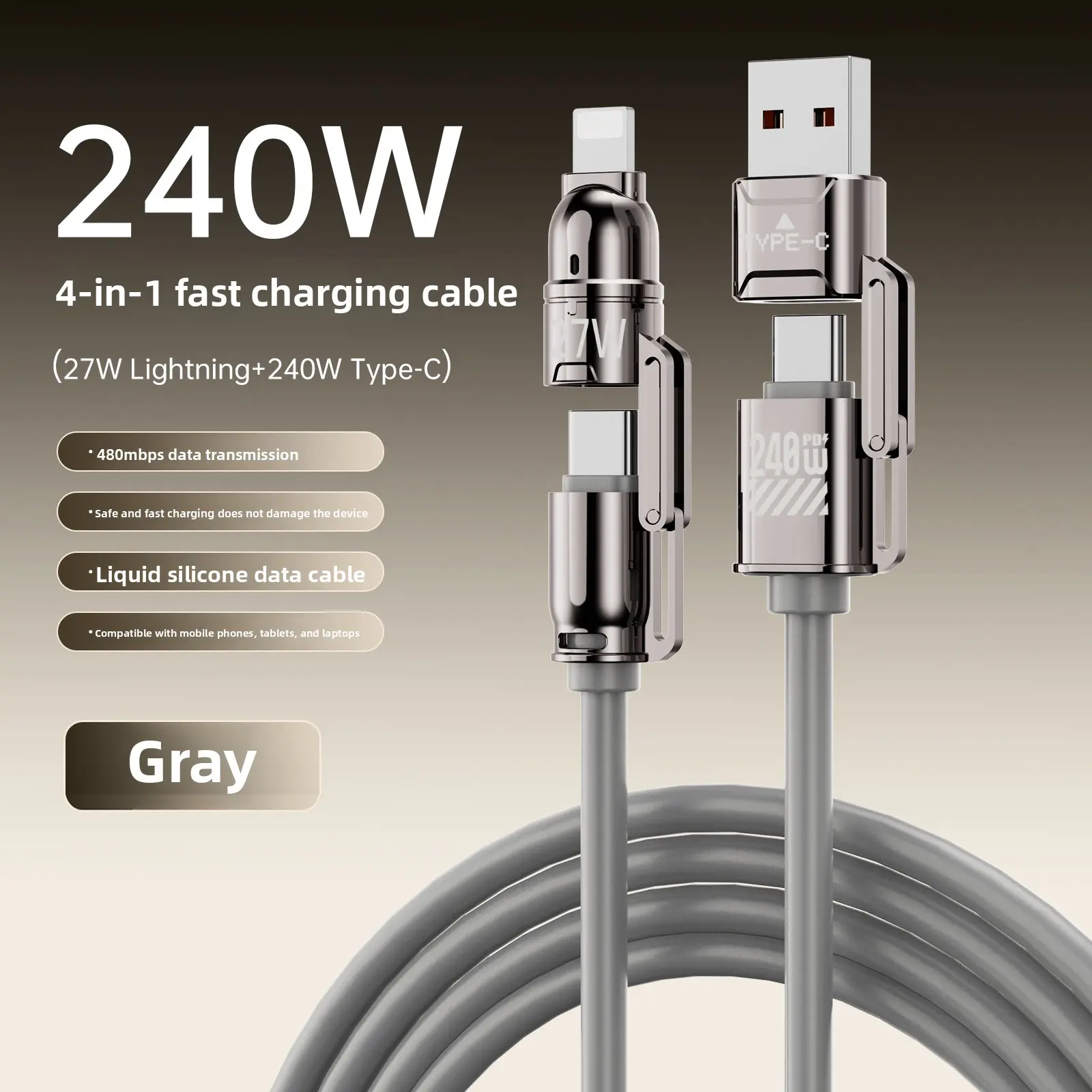 240W Fast Charger Set with Metal Protection - Liquid Silicone Durable 3.9FT 4-in-1 USB A+Type C Data Sync Cable, Adapter for Mobile Phones, Tablets, Android Devices & Computers