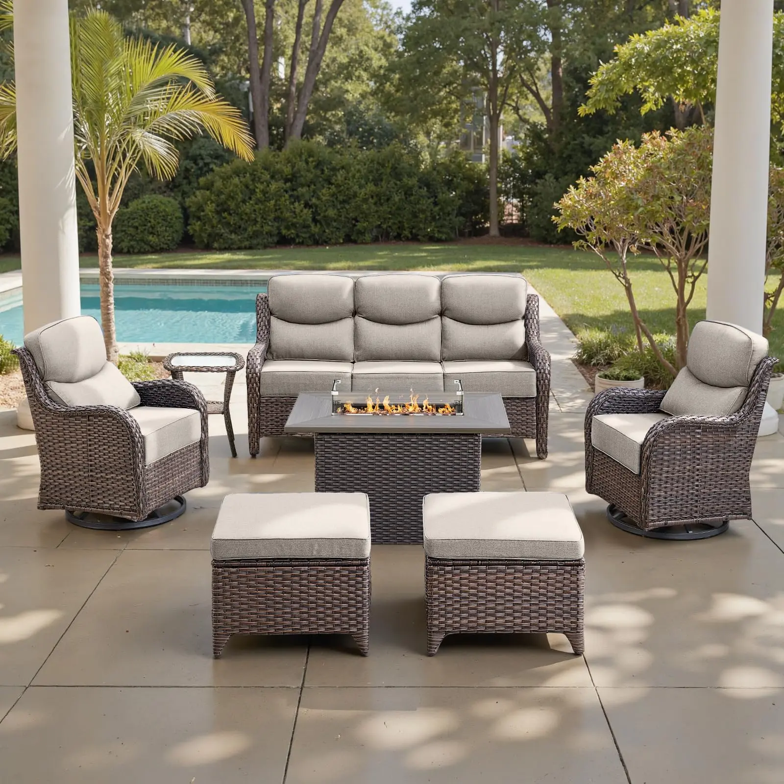 【4 Packages Shipping】Belord 7-Piece Wicker Patio Fire Pit Set, Sofa & Swivel Chairs, NT Series