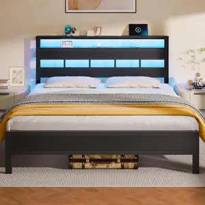 Furnulem Queen Bed Frame with Storage Headboard and LED Lights, Metal Bedframe with Charging Station and USB Port, Queen Size Platform Bed with Heavy Duty Slats, No Box Spring Needed, Black Oak