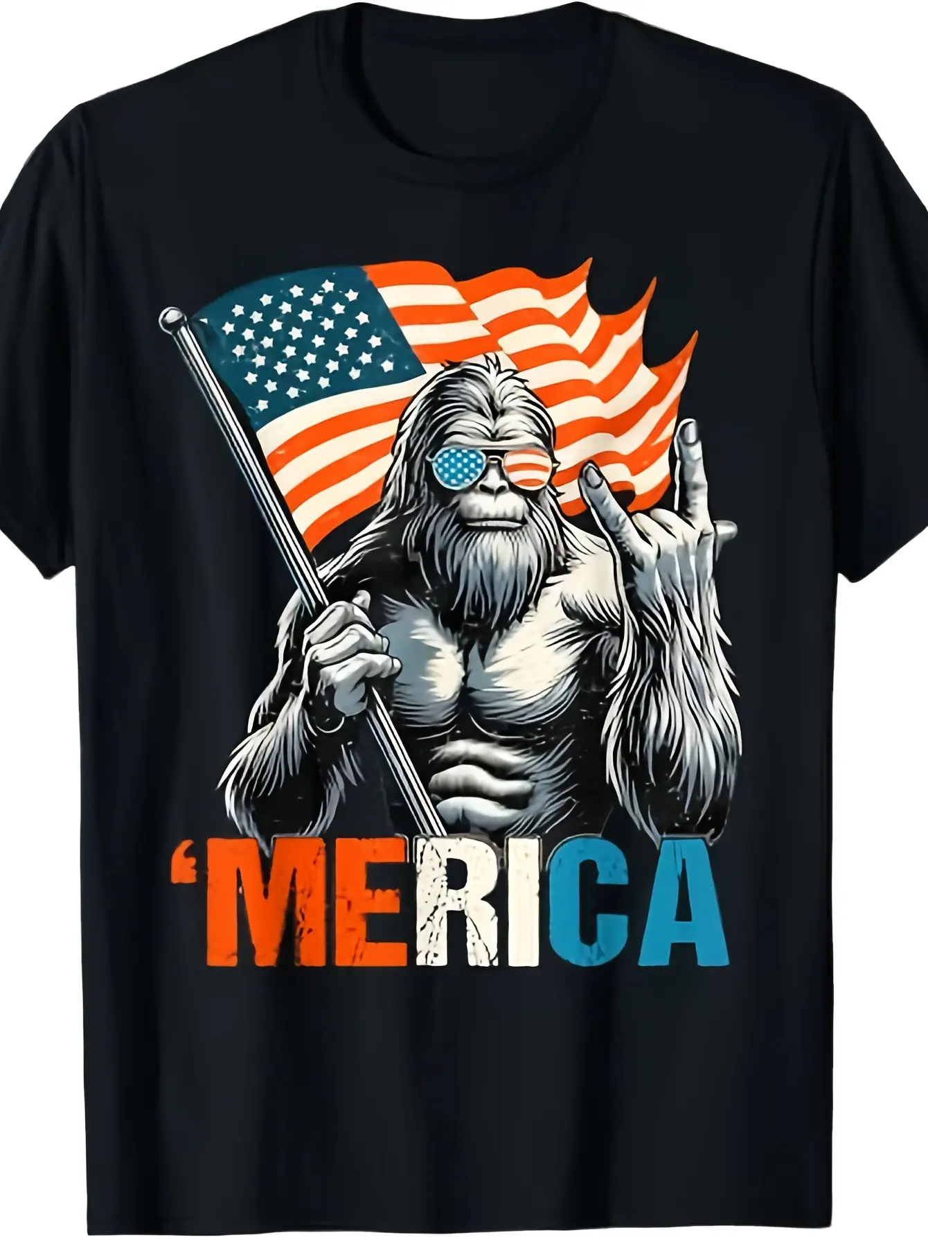Men'S Big & Tall Patriotic Gorilla 'MERICA' Graphic T-Shirt |   American Flag Fashion Glasses Design, Breathable, Crew Neck, Slight Stretch, Regular Fit, Casual Summer Top for 4th of July, Same Style for Men and Women