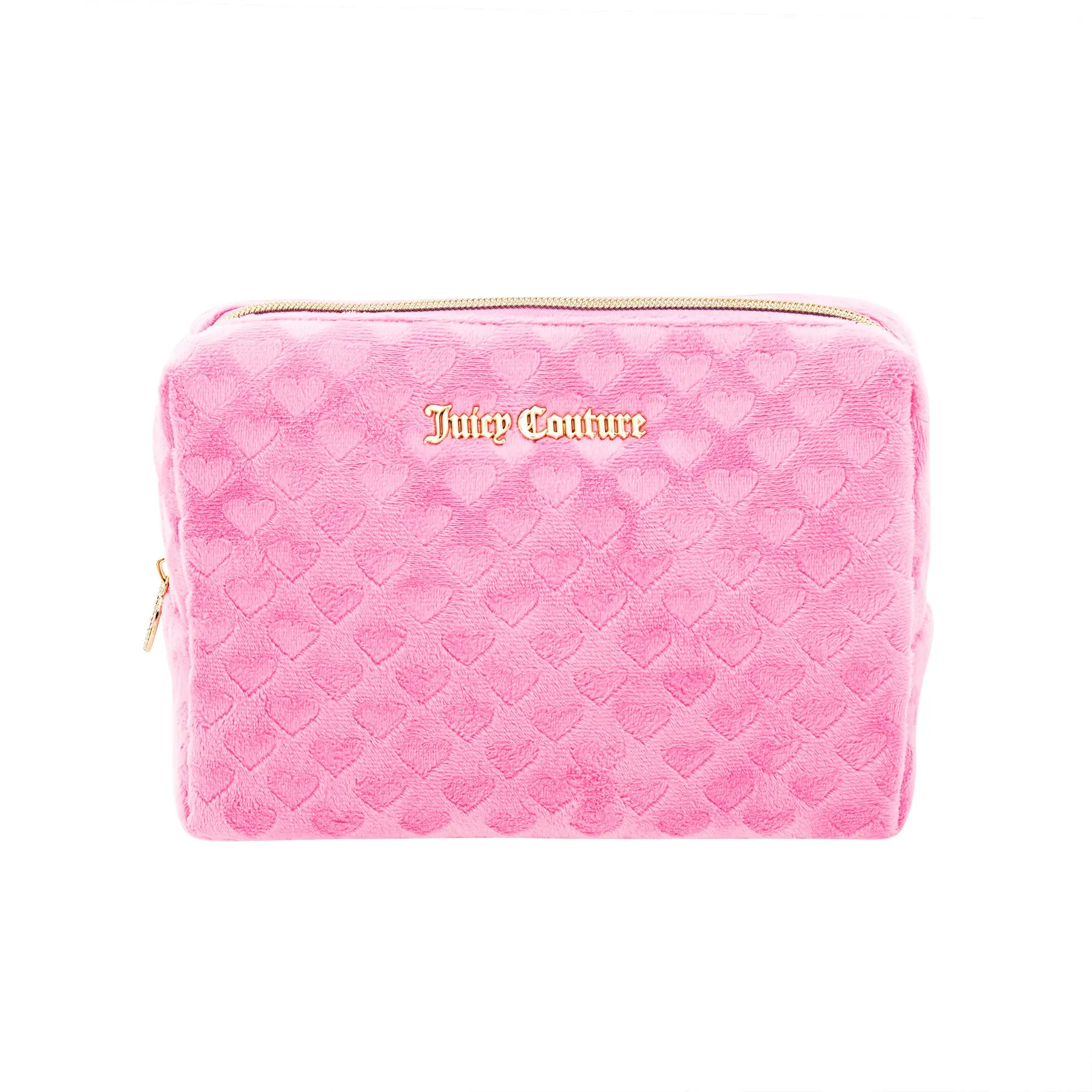 Terry Cloth With Raised Hearts Pattern Slanted Wedge Cosmetic Bag With Casted Stone "JC" Logo Round Zipper Pull