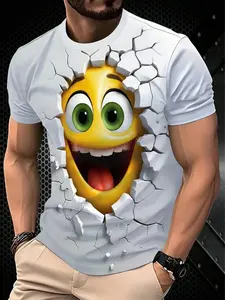Men's 3D Emoji Print T-Shirt, Fun Wall Pattern Short Sleeve Top, Casual Streetwear, Fitted Design, with Collar, Random Print