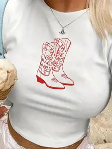 Women's Cowboy Boots Round Neck Crop Graphic Tee, Fashion Casual Short Sleeve T-shirt for Daily Wear, Ladies Summer Clothes