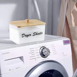Clear Dryer Sheet Holder Container with Bamboo Lid, 1 Count Laundry Room Decor Storage Box with Label, Clean Dryer Sheet Detergent Pods Dispenser Box for Home Laundry Organizer