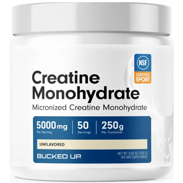 Bucked Up Pure Micronized Creatine Monohydrate for Women and Men - Easy to Mix and Unflavored - 5G Per Serving - 50 Servings - 250 Grams Per Container