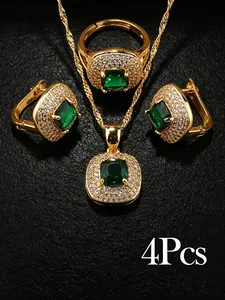 4pcs 18K Gold Tone Plated Elegant Emerald Green Gem Jewelry Ornaments Charm Necklace Hoop Earrings Plain Ring Temperament Decor For Female Dating Banquet Holiday
