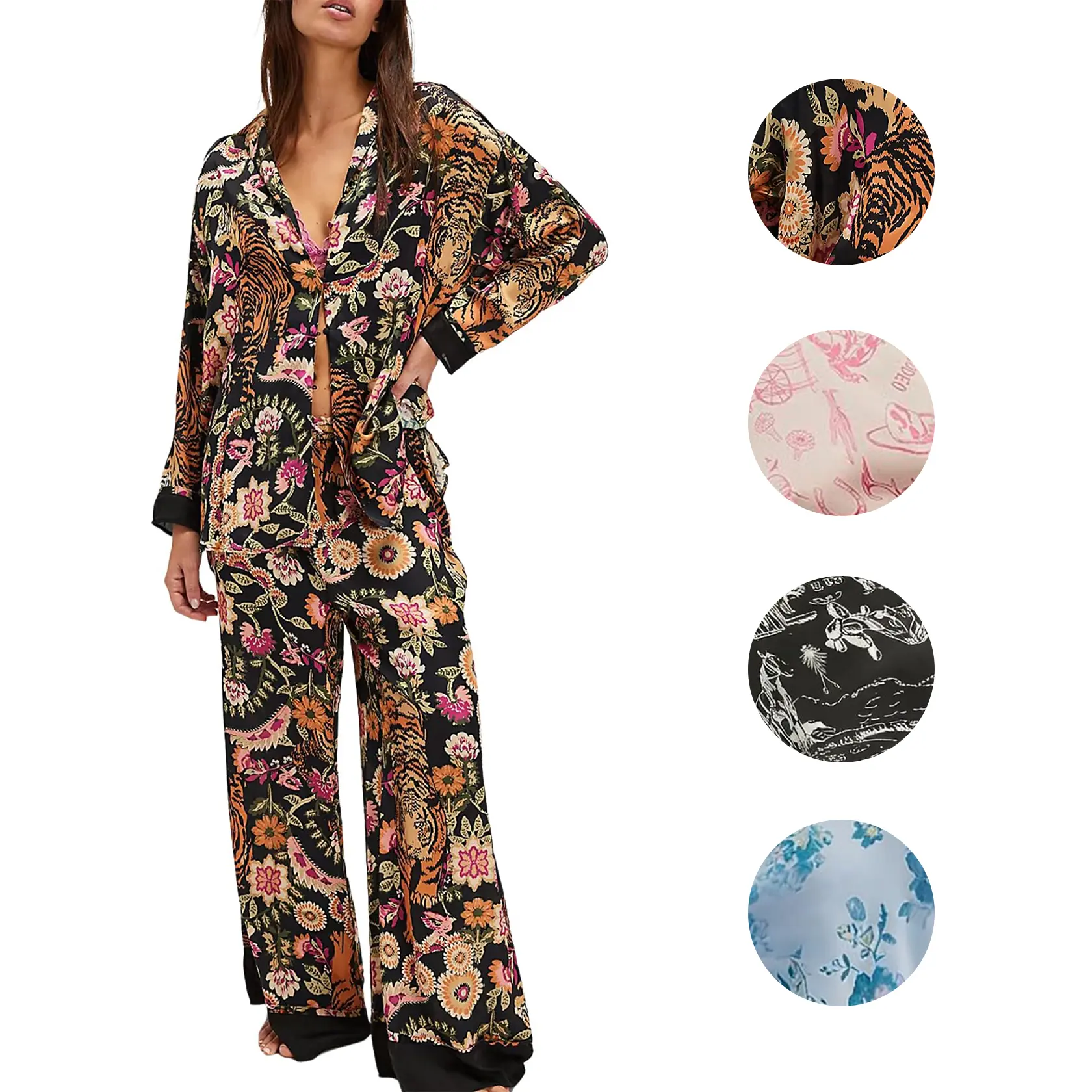 Arssm Women's 2 Piece Satin Silk Pajama Set Floral Long Sleeve Soft Button Down Pjs Set Sleepwear with Elegant Buttons for Comfort and Style