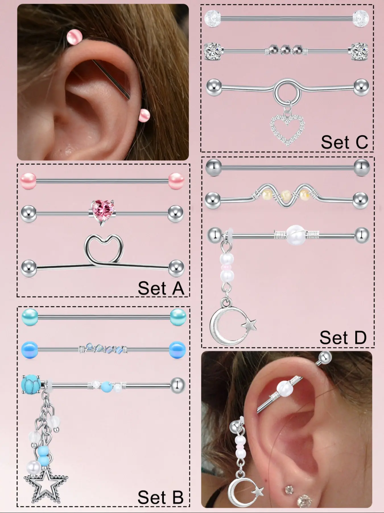 Unisex Stainless Steel Industrial Barbell Flat Back Stud Earrings, 14 Gauge Plain Design, Heart Pattern, Street Style Body Piercing Jewelry, Versatile Choice for All Seasons