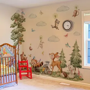 A set of 3 (30*90cm*3pcs) forest tree, cloud, sika deer, rabbit animal wall stickers for living room, bedroom, home background decoration, self-adhesive MS3329-YL