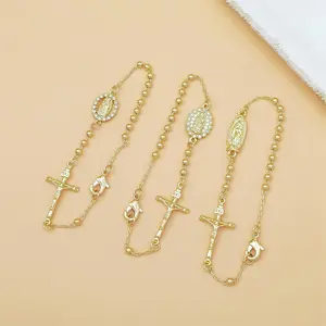 Virgin Mary Cross Bracelet, Gold Beaded Chain, Religious Rosary Jewelry Gift for Women