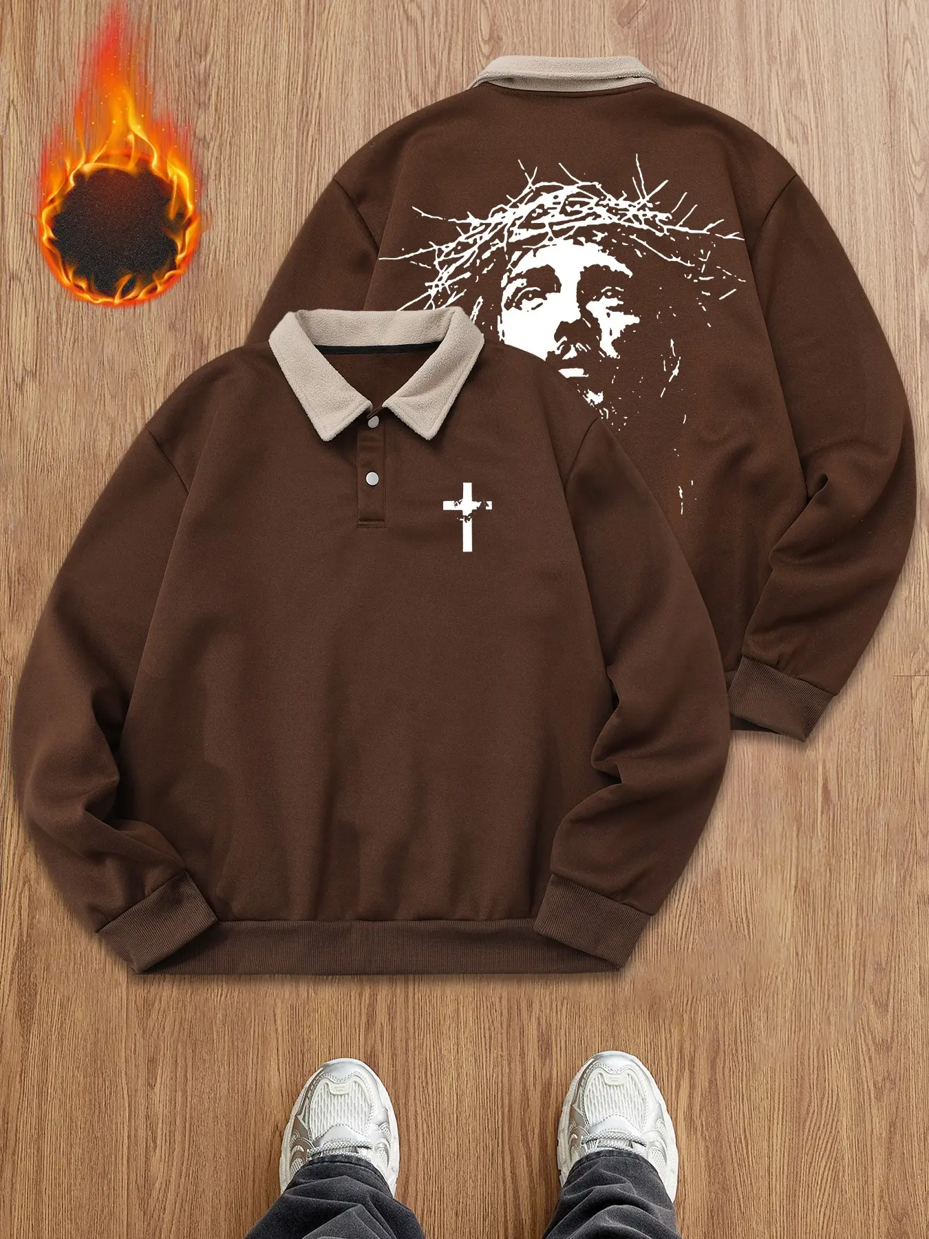 Unisex Oversized Dark Brown Cross Graphic Long Sleeve Sweatshirt Pullover - Soft Thermal Collared Casual Jumper, Aesthetic Faith Based Streetwear Aesthetic Top for Christian Teens & Students, Perfect Winter Faith Gift