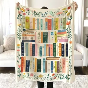 Vintage Library Blanket, Boho Wildflowers Bookish Quilt, Cottagecore Flower Book Gift, Retro Book Lover Gift For Reader Librarian Teacher, Man Women Gift Luxury Plush Flannel Throw - Queen Size Bed Decoration