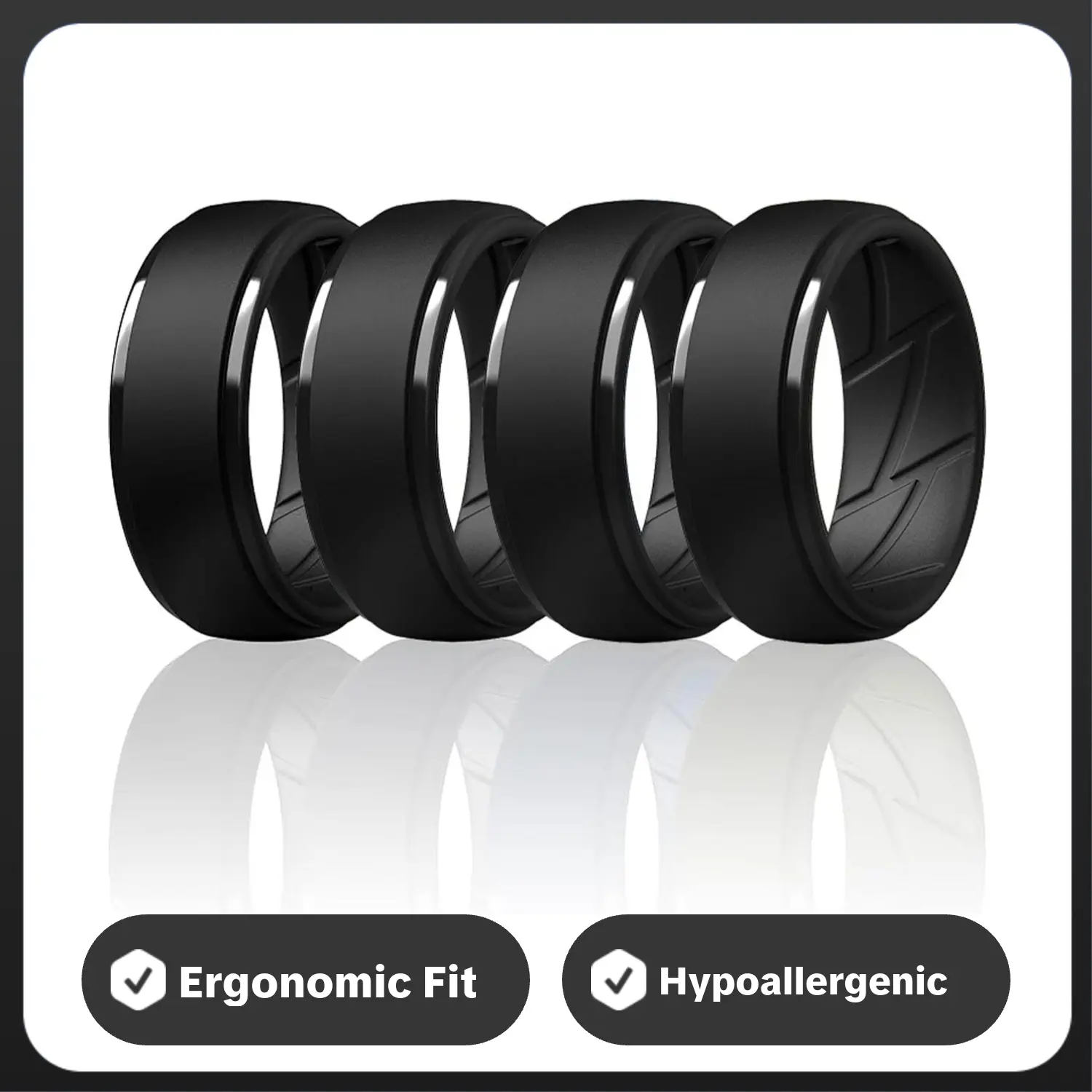 4Pack Black 7Men's Silicone Rings 10mm Wide 2.5mm Thick Rubber Bands, Inner Arc Ergonomic Breathable Engagement Rings