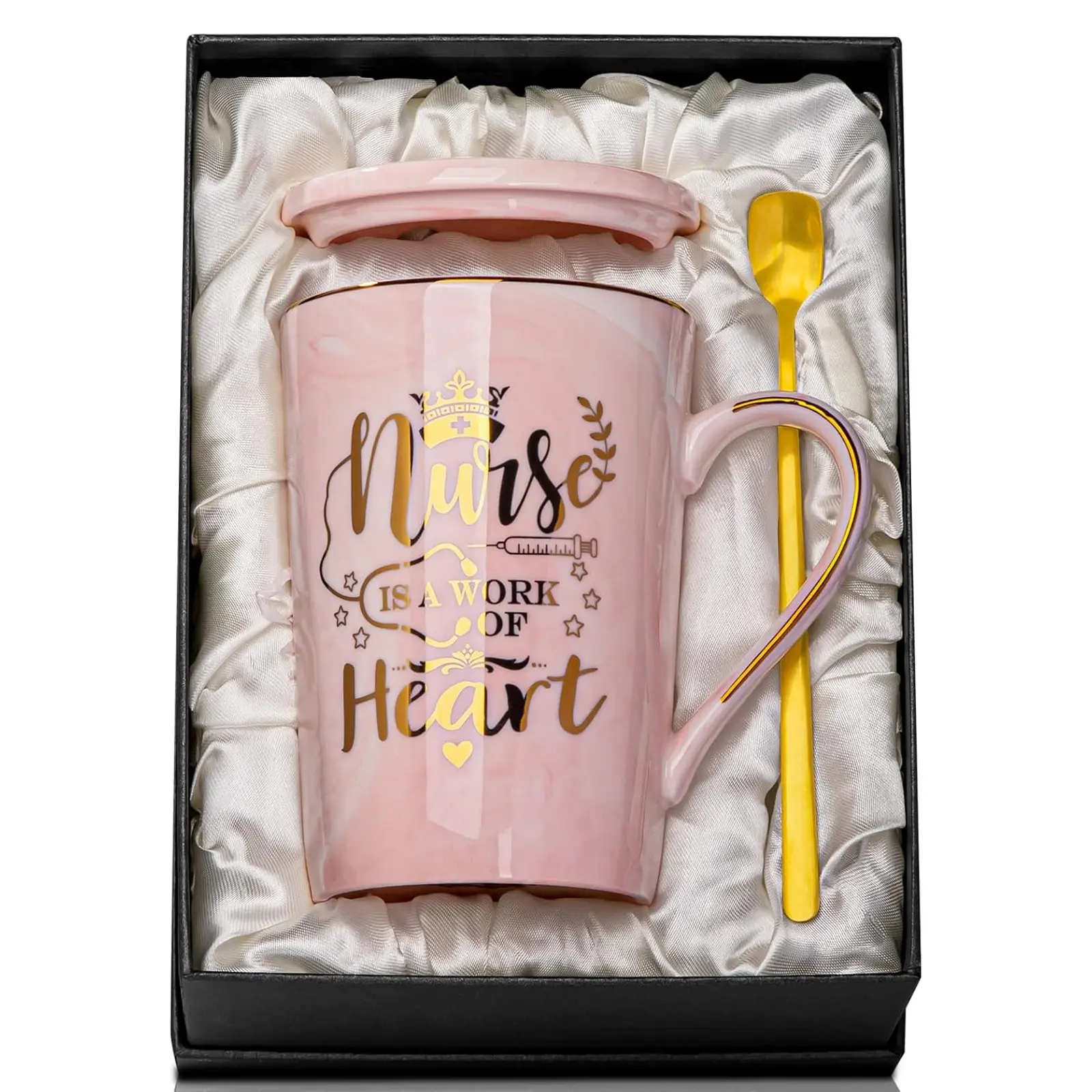 Biching Nurses Appreciation Week Gifts, Nurses' Day Gift, Nurse Gift for Women - 14oz Gold Printed Pink Ceramic Coffee Mug, Birthday Thank You Gift Present for Nursing School Student Graduation Nurses Day, Gift Boxed