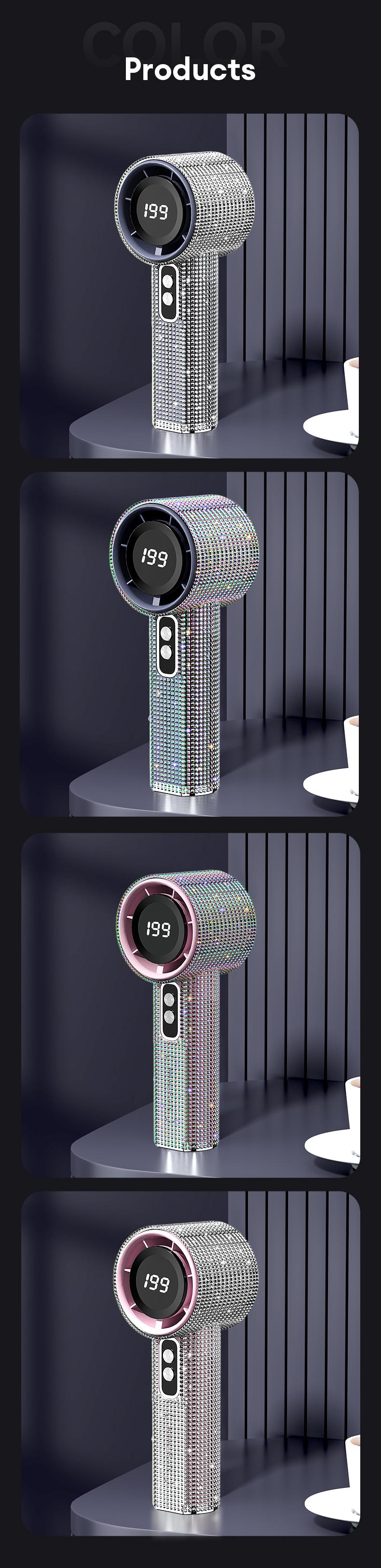 PAXA M15 Full Diamond Luxury Craftsmanship Portable Handheld Fan, 3 Gear Wind, Rechargeable Long Battery Life Hand Fan With Digital Display For Outdoor Activities, Travel, Office, Wonmen's gift