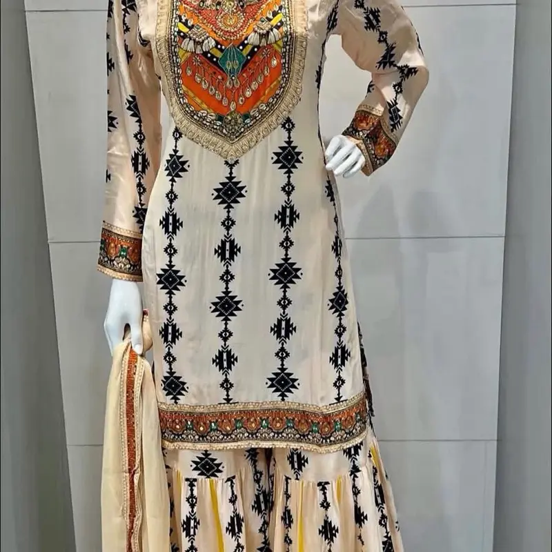 Premium Digital Print and Beadwork Crape fabric Salwar Kameez Set - Elegant Neckline with Embroidered Handwork, Sharara Bottoms, Pure Chiffon Dupatta