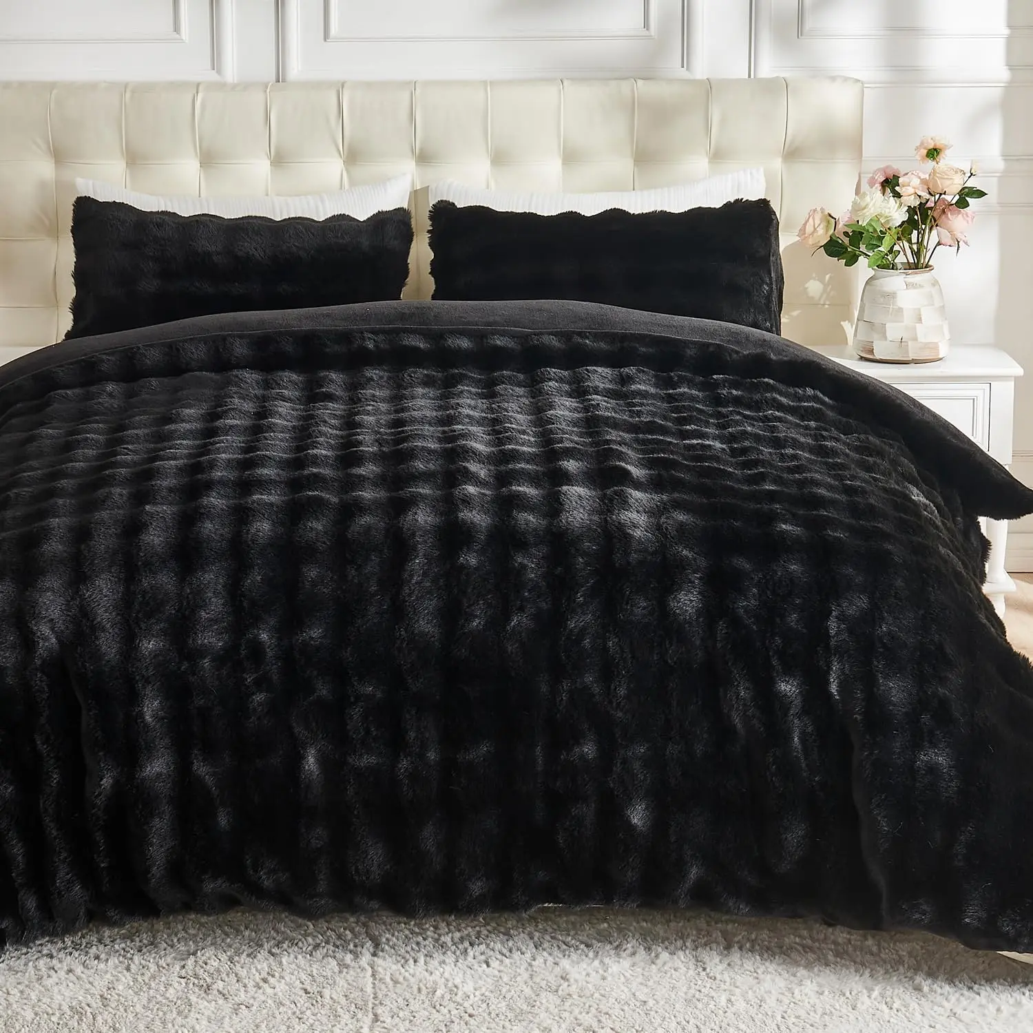 Comforter Set Cover Set- Fluff Faux  Duvet Cover  Size,Black Plush Fuzzy Furry Bedding Sets 3 count(1 Duvet Cover & 2 Pillow Shams),Zipper Closure