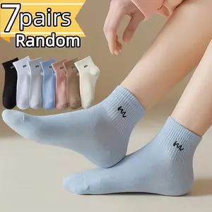 7 Pairs Random Soft Comfortable Japanese Korean Style Women's Versatile Letter Print Socks, Anti-Odor Moisture Wicking Trendy Short Socks