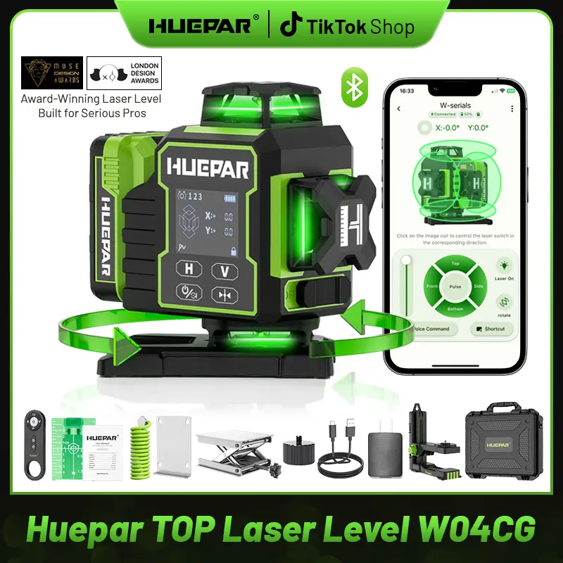 Huepar W04CG 4D Laser Level for Contractors - 4x360° Lines, 16-Line Green Cross, 12.6V Self-Leveling, Bluetooth Sync, Electric Rotating Base, Large LCD Screen, Remote, Type-C Charge, Foam Inserts, Rubber Coated, Tile Layouts, Charge-and-Use, Ceiling Walls