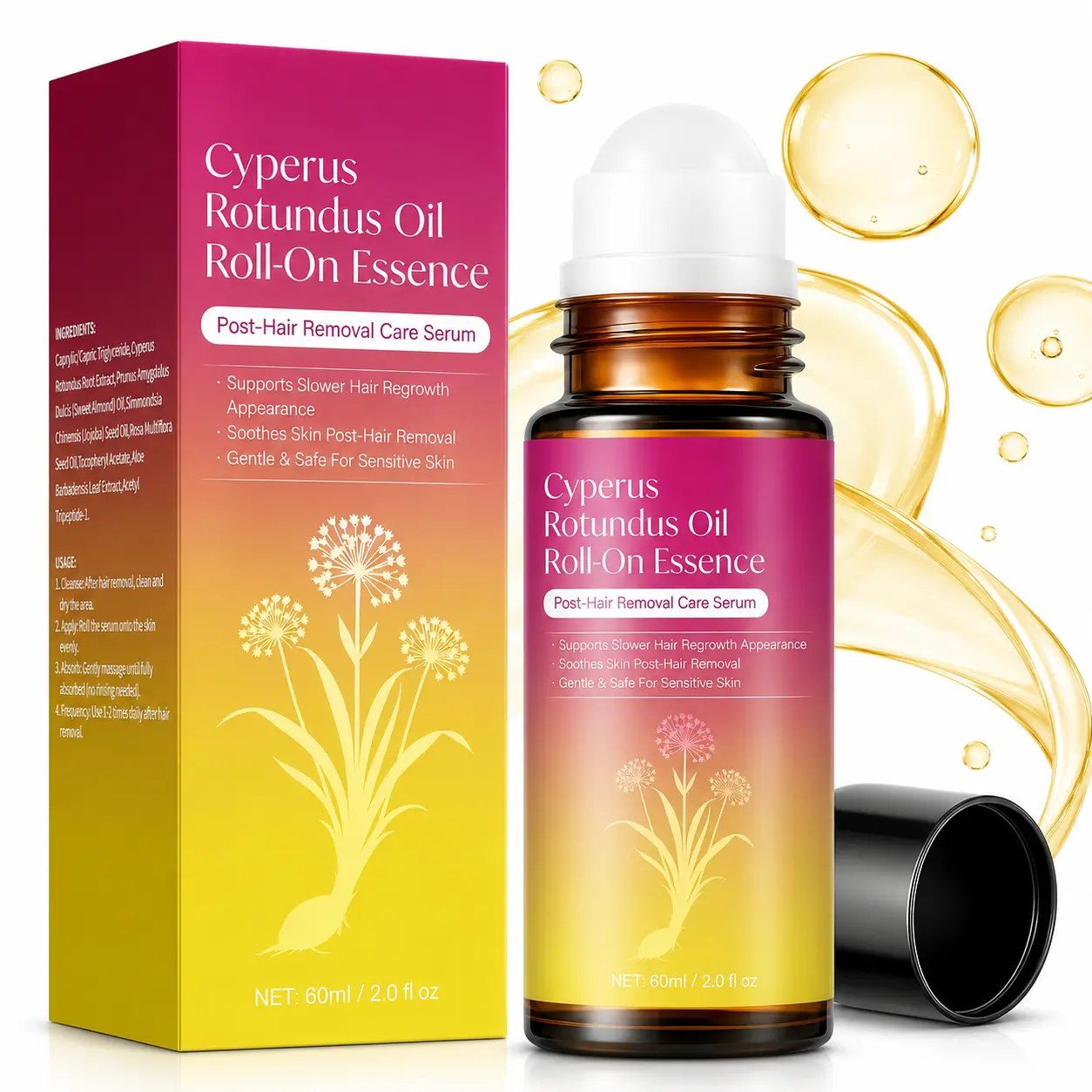 Cyperus Rotundus Oil Serum Roll-On, Natural Cyprus Cypress Oil for Hair Removal, Hair Growth Inhibitor to Reduce Unwanted Body Hair, Soothes & Smooths Skin