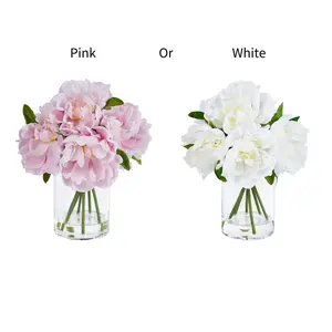 VeriNatural Pink or White Peony Bouquet – 6 Stems, 6 Realistic Blooms in Cylinder Vase with Faux Water, 10.6" Tall Home & Office Decor