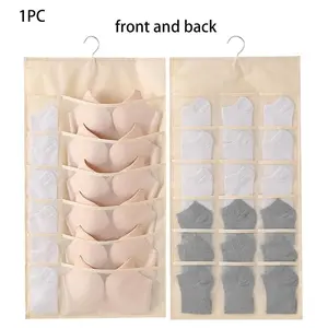 Bra and Underwear Closet Hanging Organizer, Large Capacity Closet Hanging Organizer with Mesh Pockets & Rotating Metal Hanger,Dual Sided Wall Shelf Wardrobe Storage Bags for Bra Socks Underwear Underpants (12+18 Pockets Beige)
