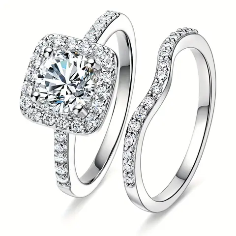 GEMSME Brass 1.5CT Round Cut Imitation Diamond 2-in-1 Halo Wedding Ring Set - Women's Engagement Ring, Halo Band, Costume Jewelry for Women, Ideal for Birthday, Anniversary Day R-0959