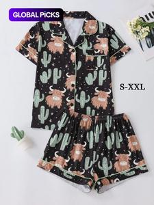 women's cartoon print pajama two-piece set, casual cute comfy button front chest pocket design lapel neck top & elastic waist shorts pj set, pajama sets women, ladies sleepwear for all seasons, loungewear, womenswear, homewear, pajamas lounge set