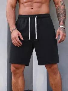 Men’s summer black loose knit shorts—solid color, versatile straight cut, mid-length; lightweight fabric suitable for daily commuting, casual workouts, and outdoor activities.
