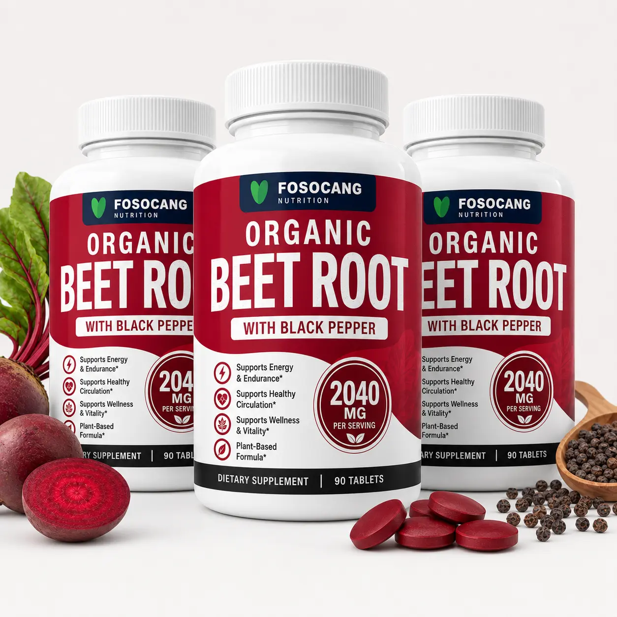 FOSOCANG-3 bottlesOrganic Beet Root Tablets - Nitric Oxide Booster Beetroot Supplement 2040mg