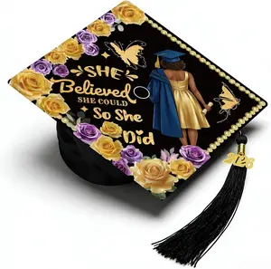 Graduation Cap for African Americans Female Graduates, "She Believed She Could So She Did" Inspirational Grad Hat Decor for Graduation Ceremony & Photos