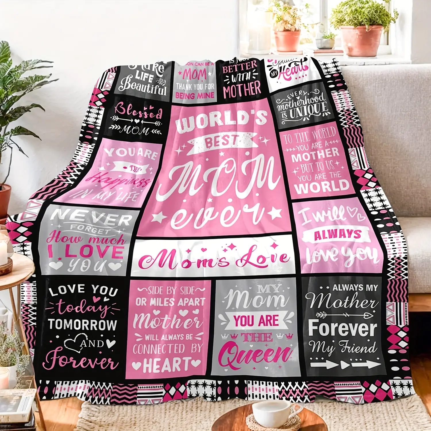 Soft Warm Flannel Fabric Blanket - Pink & Black Checkered Print, 280GSM Glam Wrinkle-Resistant All-Season Throw with Gift-Ready Message, Heartfelt Gift for Mom (Mother’s Day, Birthday)