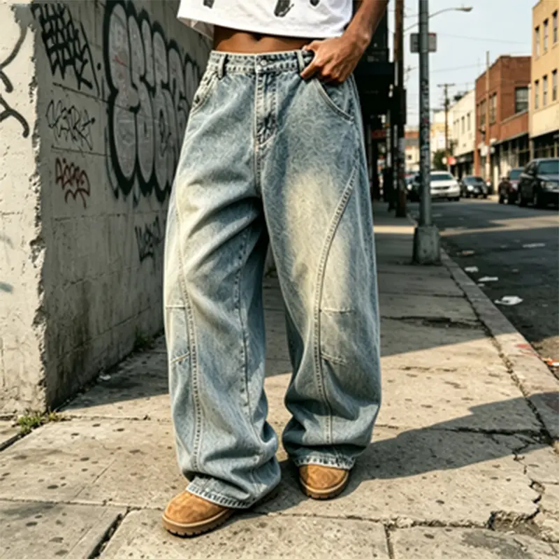 Men’s vintage deep wash wide leg jeans, loose fit with curved panel patchwork, Y2K hip hop long pants, distressed wear resistant cotton straight leg skateboarding casual denim pants men Slim bootcut baggy