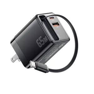 ESSAGER 65W GaN3 Fast Charger with Retractable Type-Cc and ligting Cable,Portable Adapter for iPhone 16, iPad, MacBook,Multi-Device Fast Charging, Folding Charing Cellphone Electronic Smartphone portable charger battery pack charger