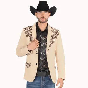 LAMASINO Men's Blazer Slim Fit Double Bottom All Season Beige with Embroidered Details LAM506 for Stylish Outfits