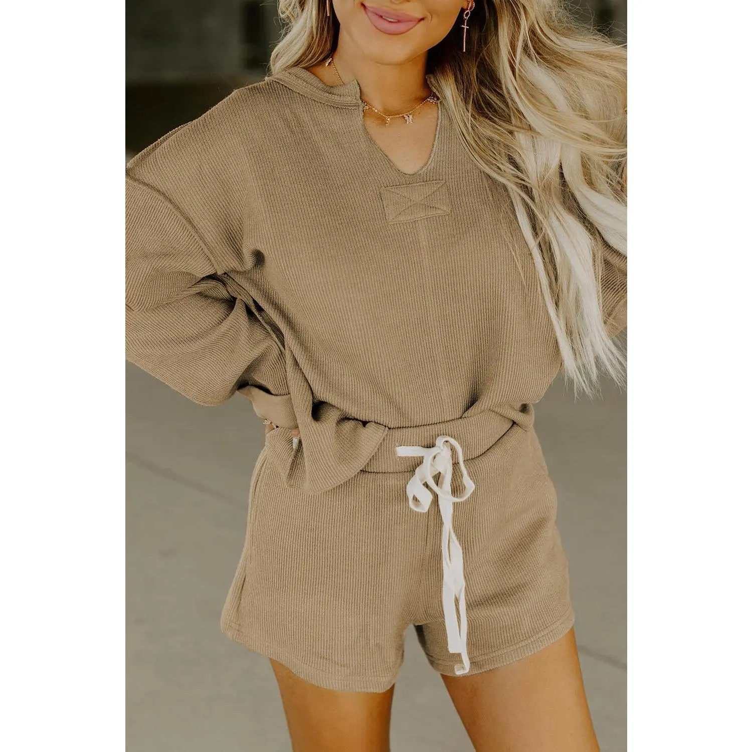 Khaki Exposed Seam Textured Long Sleeve Top Shorts Set