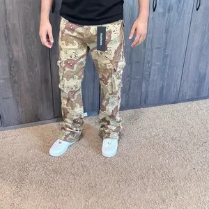Rise Denim Men's Cargo Stacked Flare Jeans with Multiple Pockets - Camo/Regular Pattern, straight fit, Comfortable Fit, Ideal for Casual Wear