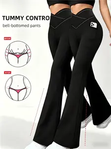 2PACK Women's Solid Color Yoga Wide Leg Pants Tummy Control Butt Lifting V-Waist Flare with Pockets Comfortable Loose Leggings