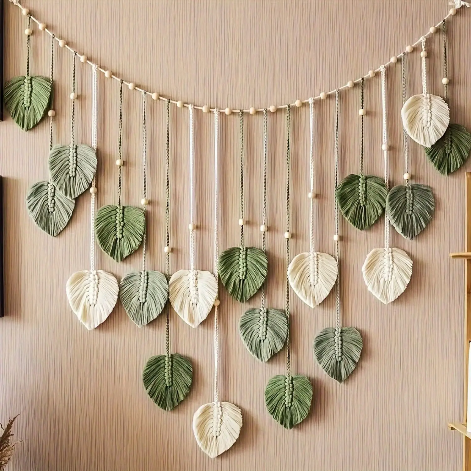 Vintage Boho Macrame Wooden Decorative Hanging Piece DIY Handmade Fall Craft Kit, Rustic Leaf Art Hangable Home Wall Decoration for Bedroom, Home Decor Gift