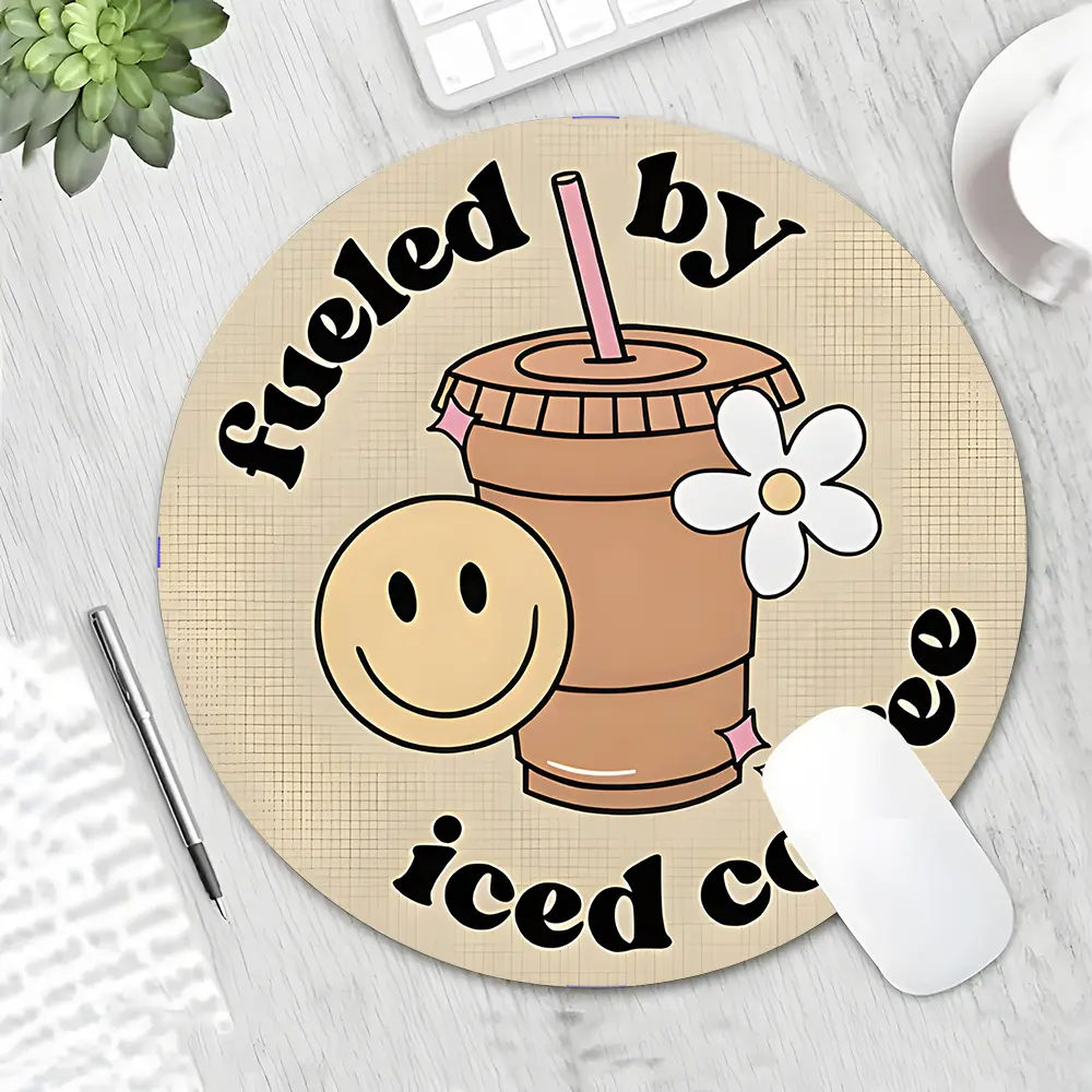 "Fueled by Iced Coffee" Smiley Face Design Round Gaming Mouse Pad, Mouse Pad Cute, Desktop Decorative Protective Pad, Rubber Anti-slip Lockedge Work Pad, Small Size Suitable for Laptop, Desktop Computer Games, Work, Decoration