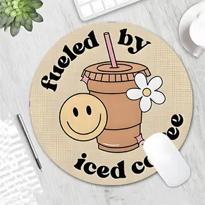"Fueled by Iced Coffee" Smiley Face Design Round Gaming Mouse Pad, Aesthetic Desktop Decorative Protective Pad, Rubber Anti-slip Lockedge Work Pad, Small Size Suitable for Laptop, Desktop Computer Games, Work, Family, Decoration