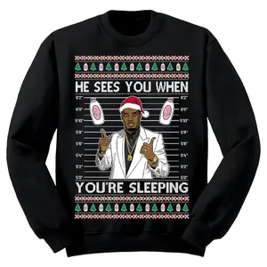 Women's Ugly Christmas Sweatshirt, Funny "Diddy Sees You" Graphic Cotton Crewneck, Cute Retro Long Sleeve Cozy Pullover