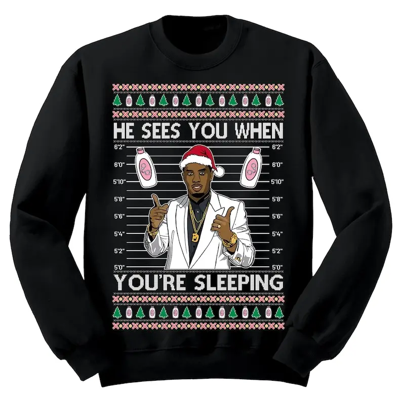 Women's Casual Fitted Sweatshirt for Ugly Christmas, Funny "Diddy Sees You" Longsleeves Crewneck, Casual Comfy Pullover Tops, Crewneck Casual Outfits