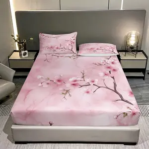 Three pieces with pink peach blossom patterns Print Fitted Sheet Set (1 Fitted Sheet + 2 Pillowcases), Casual Style, High-Quality Bedding for Bedroom or Guest Room, Decorative Bedsheet Sets