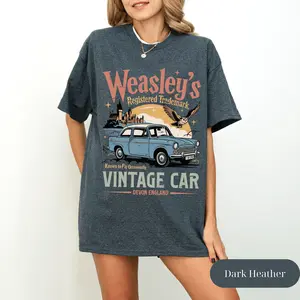Weasley’s Vintage Flying Car Wizard Shirt Bookish Magical Adventure T Shirt with Retro Car Graphic Fantasy Reader Gift Everyday Cotton T-Shirt