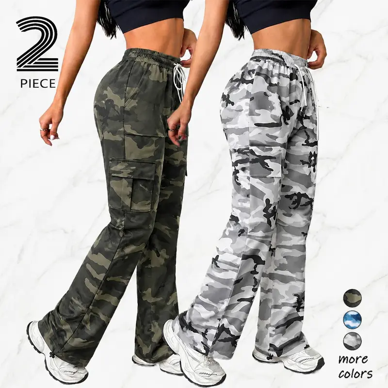 Women's Camo Cargo Activewear Pants - High-Capacity Pockets, Elastic Waistband With Drawstring, Breathable Form-Fitting Pants For Women, Hiking, Gym & Outdoor Leisure