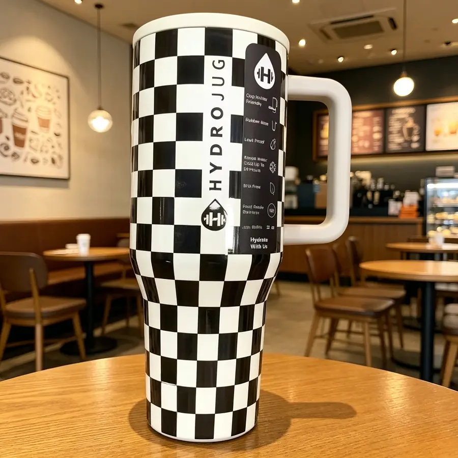 HydroJug Traveler 40 oz Vacuum-Insulated Classic Travel Hydration Tumbler - Black and White Checkerboard Pattern, Portable Kitchenware Drinkware Flasks for Camping, Gym, Ideal Birthday Gift