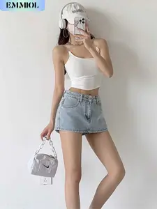 EMMIOL Vintage Blue Fit Denim Mini Jean Skirt for Women - Casual Style, Regular Fit, Above Knee, Cotton Material, Multi Belt Loops, No Sheer Material Chic Womenswear