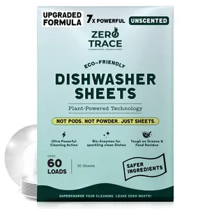 Zero Trace Eco-Friendly Dishwasher Detergent Sheets Unscented - 38 Plant-Based Sheets for Efficient Cleaning & Eco-Friendly Home Care - Ultra Concentrated PROTECH Formula - No Residue, Non-Toxic, Plastic-Free Packaging - Household