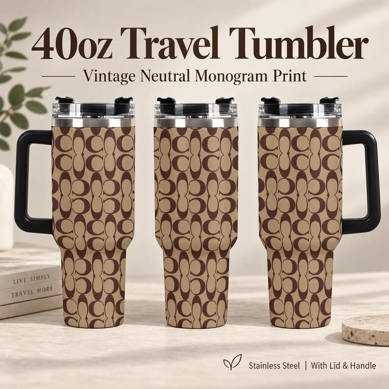 40oz Classic C Monogram Print 40oz Tumbler with Straw - Luxury Inspired Signature C Print Insulated Cup, Beige Brown Designer Inspired Leakproof Stainless Steel Travel Mug, Neutral Aesthetic Travel Mug, Perfect for Gifts & Daily Use